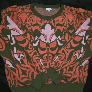 VOY Women's Crew Neck Sweater - Olive Green and Coral